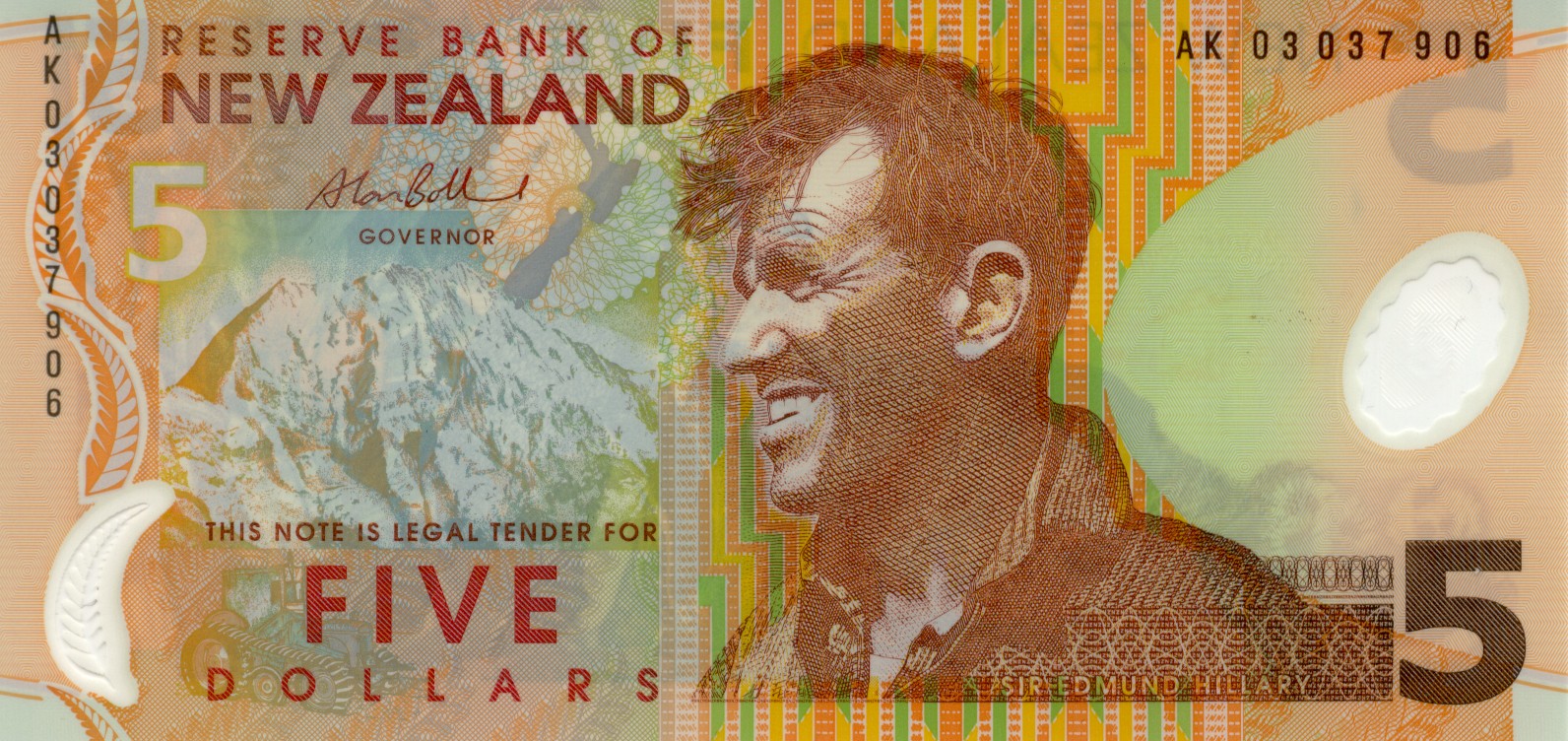 New-Zealand-Dollar-NZD-5-bank-note-2003-issue-Alan-Bollard-signature-Hillary-Everest-Massey-Fergusson-tractor-front-KAR