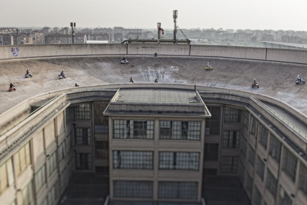 Event partecipants racing in the oval on the top of the Lingotto building at the Red Bull Lingotto Special in Torino on the 26/09/2011.